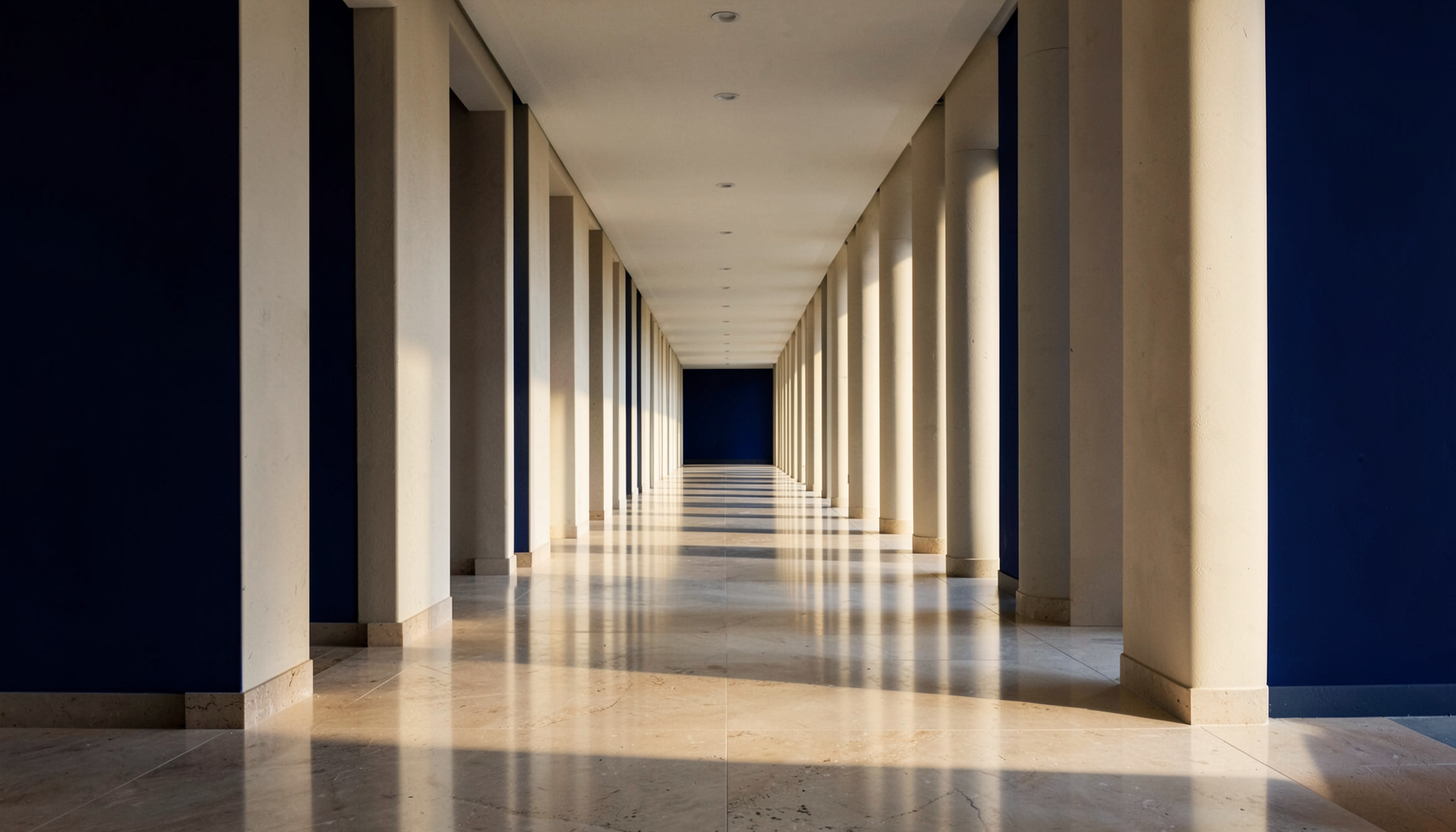 Clean architectural photograph with strong symmetry, a long corridor of evenly spaced columns receding into the distance, warm natural light casting soft shadows across polished stone flooring, deep navy and cream tones throughout.